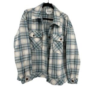 Boston Traders Plaid Flannel Shirt Jacket Womens Size L Green Blue Cream Shacket